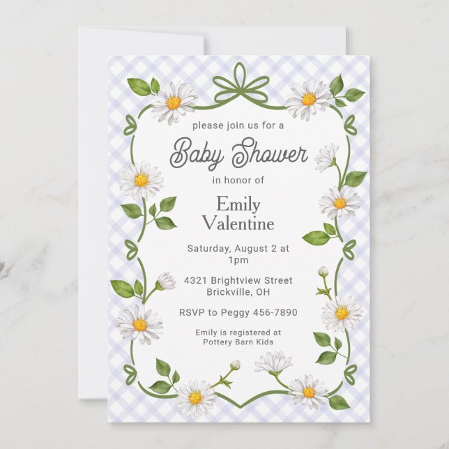 Invitation 005 Iris Lavender Floral Daisy Plaid Baby Shower (Devant)