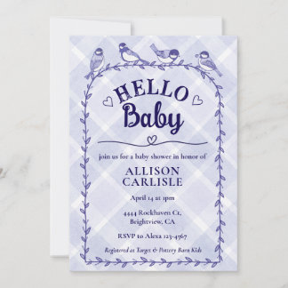 Invitation 005 Iris Watercolor Gingham Birds Baby Shower