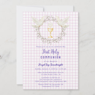 Invitation 006 Vin Colombe & Calice Gingham 1ère Communion