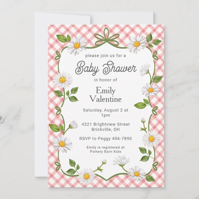 Invitation 007 Red Floral Daisy Plaid Baby Shower (Devant)