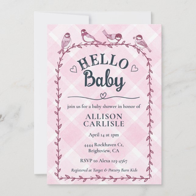 Invitation 009 Fuchsia Aquarelle Gingham Oiseaux Baby Shower (Devant)