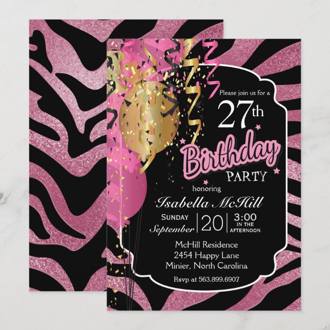 Invitation 00ème anniversaire - Trappes Zèbre Rose et Noir (Devant / Derrière)