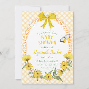 Invitation 010 Jaune Ambre Daisy Noeud Gingham Baby Shower