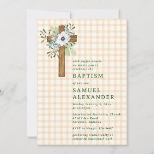 Invitation 012 Cuivre Rustique Verdure Croix en Bois Baptême