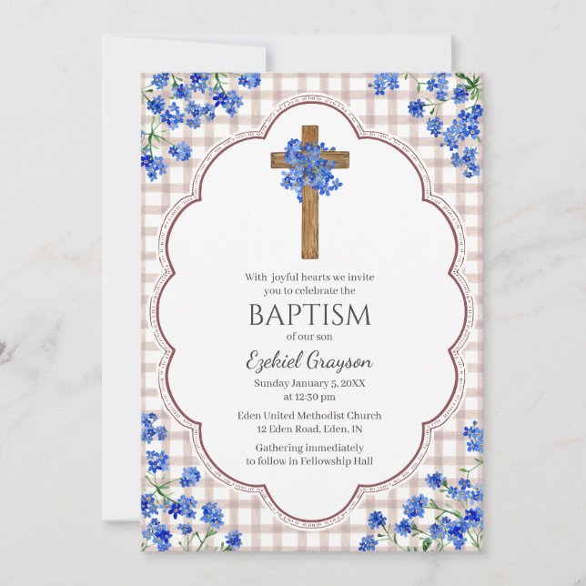 Invitation 013 Chocolate Blossom Rustic Cross Design Baptism (Devant)