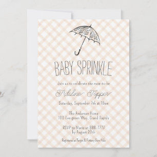 Invitation 014 Cappuccino Marron Gingham Bébé Sprinkle Parapl