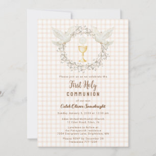 Invitation 014 Latte Dove & Chalice Gingham Première Communio