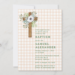 Invitation 014 Latte Rustique Verdure Croix en Bois Baptême