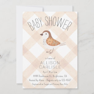 Invitation 014 Latte Tan Cute Floral Bird Gingham Baby Shower