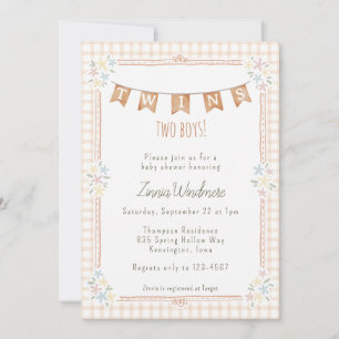 Invitation 014 Latte Tan Gingham Floral Twins Baby Shower