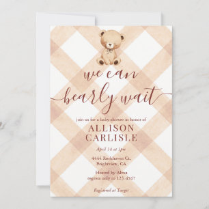 Invitation 014 Latte Tan Teddy Bear Gingham Baby Shower
