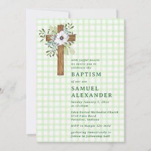 Invitation 017 Moussu Rustique Verdure Croix en Bois Baptême