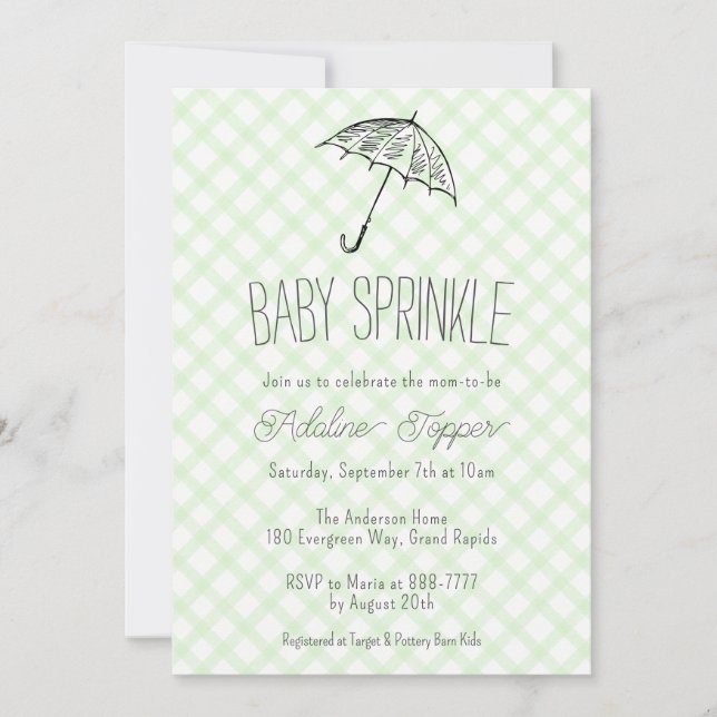 Invitation 017 Parapluie vert gingham bébé Sprinkle (Devant)