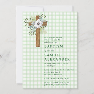Invitation 018 Croix en bois rustique verdure Baptême