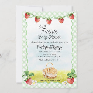 Invitation 018 Vert gazon Pique-nique de fraises Baby Shower