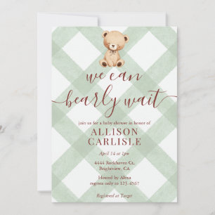 Invitation 019 Ours en peluche vert forêt Gingham Baby Shower