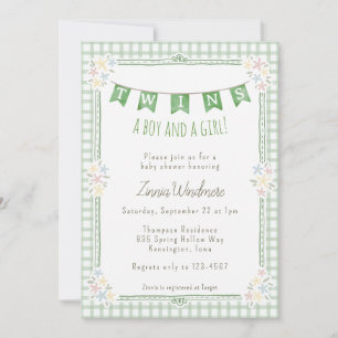 Invitation 019 Vert forêt Gingham Floral Jumelles Baby Shower