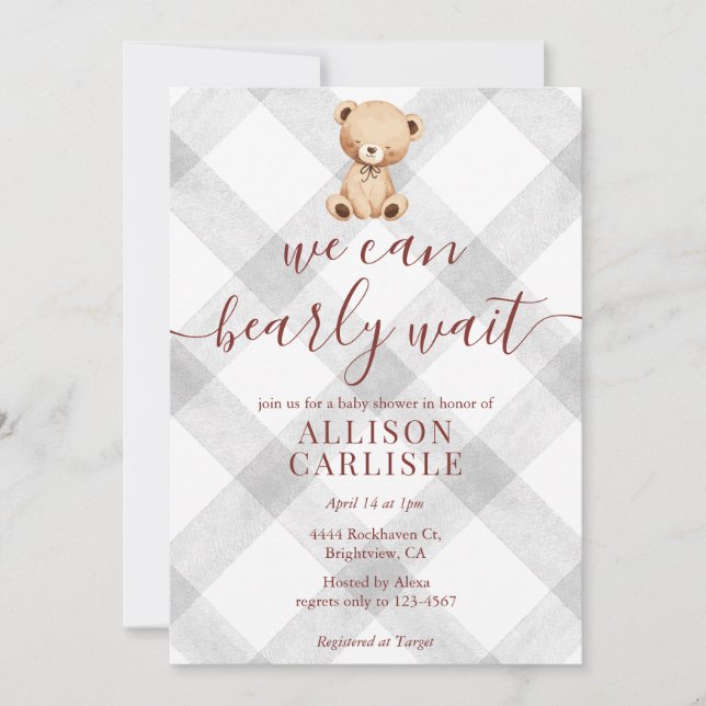 Invitation 020 Fog Grey Teddy Bear Gingham Baby Shower (Devant)