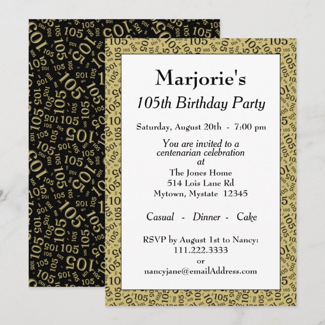Invitation 05e fête d'anniversaire Noir/Motif de numéro d'or (Devant / Derrière)