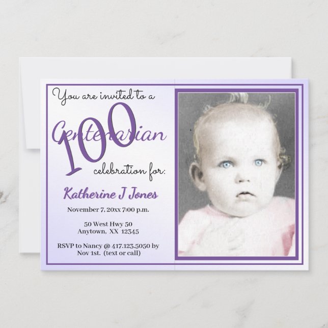 Invitation 100 ans Centenaire Anniversaire fête violet/blanc (Devant)