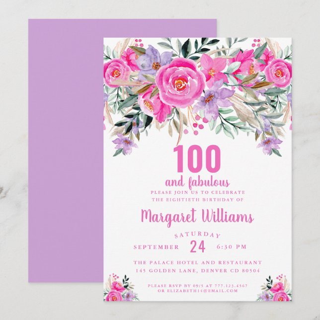 Invitation 100 et fabuleux rose violet 100e anniversaire (Devant / Derrière)