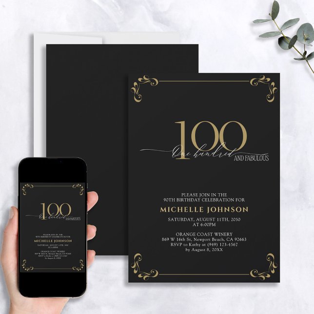 Invitation 100& Fabuleux Black & Gold Calligraphy Anniversair (Créateur téléchargé)