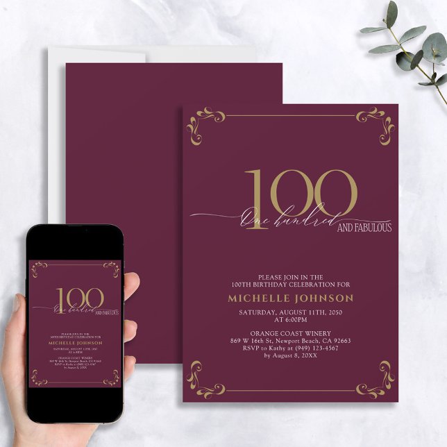 Invitation 100 & Fabuleux Burgundy Blanc & Or Anniversaire (Créateur téléchargé)