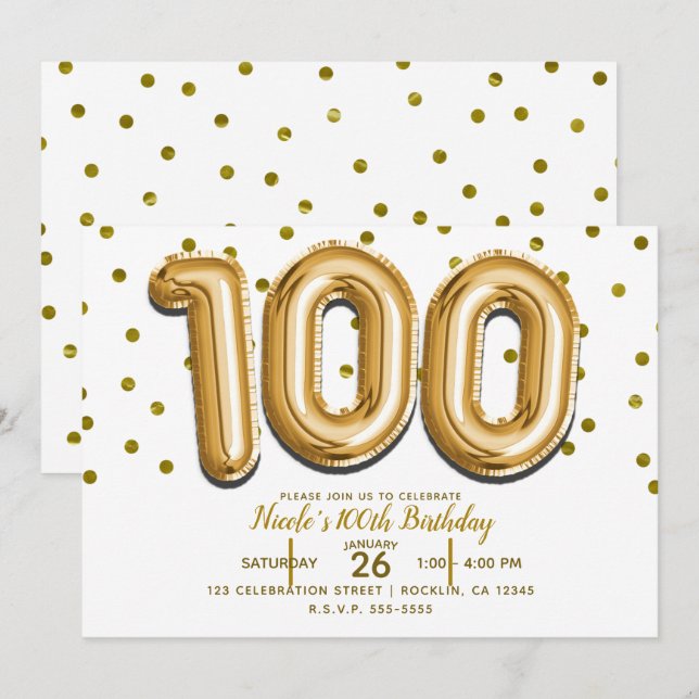 Invitation 100 Gold Balloons & Confetti 100e fête d'anniversa (Devant / Derrière)