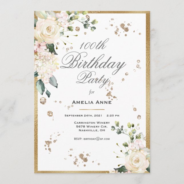 Invitation 100e anniversaire Aquarelle or Floral (Devant)