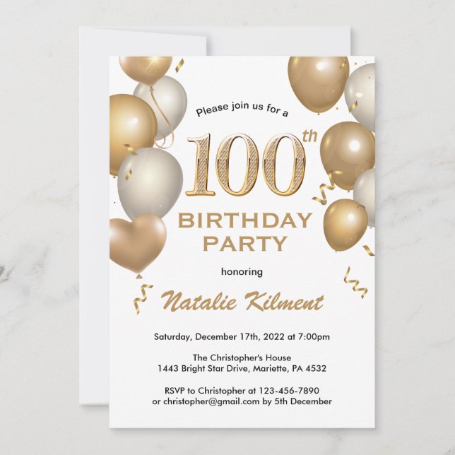 Invitation 100e anniversaire Ballons de Parties scintillant b (Devant)