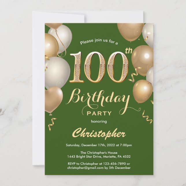 Invitation 100e anniversaire Ballons verts et or Confetti (Devant)