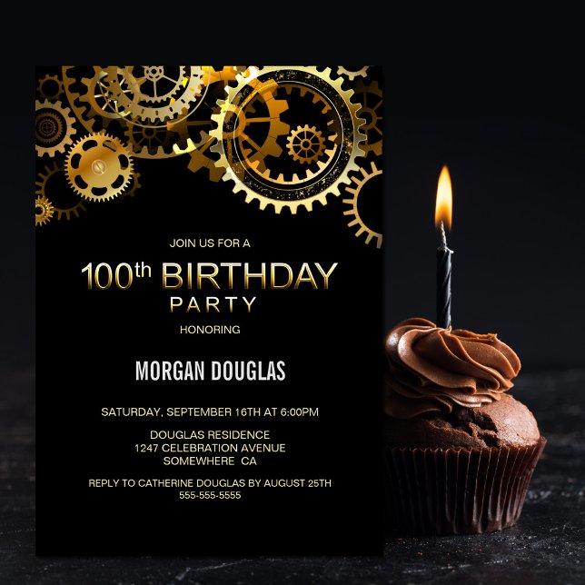 Invitation 100e Anniversaire Black Gold Steampunk Montres (Créateur téléchargé)