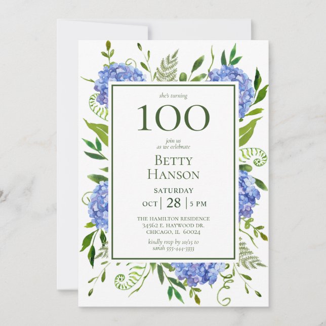 Invitation 100e anniversaire Blue Hydrangeas (Devant)