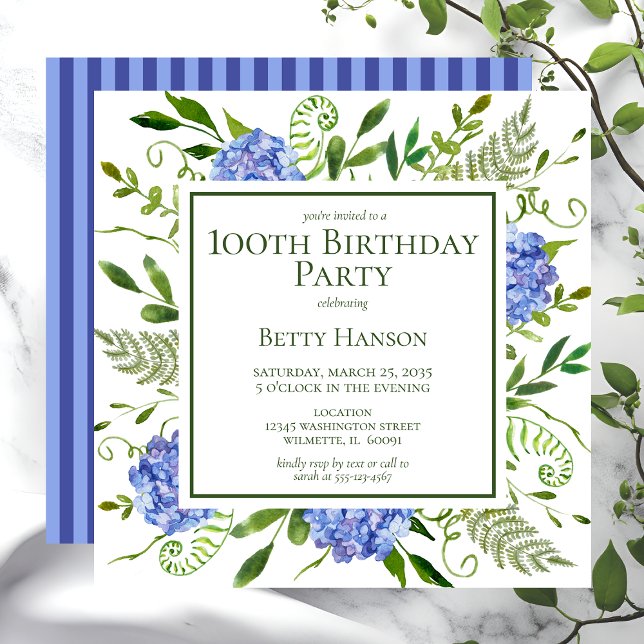 Invitation 100e anniversaire Blue Hydrangeas (Créateur téléchargé)