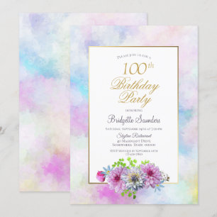 Invitation 100e anniversaire Blue Rose Floral Gold Pastel Bor