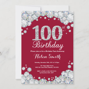 Invitation 100e anniversaire Bourgogne Rouge Argent Diamant