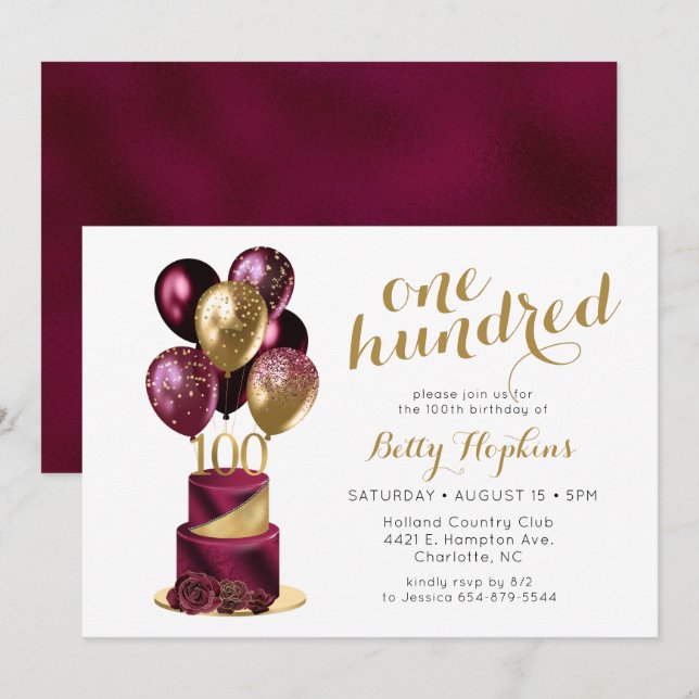 Invitation 100e anniversaire Burgundy Cake (Devant / Derrière)