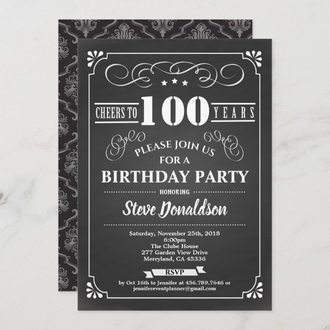 Invitation 100e anniversaire chalkboard rétro vintage (Devant / Derrière)
