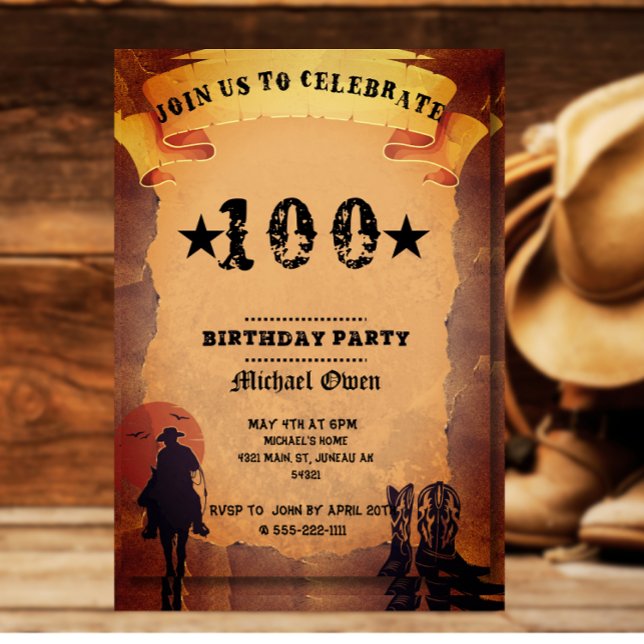 Invitation 100e anniversaire cowboy vieux papier cheval cheva (Créateur téléchargé)