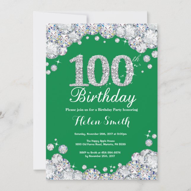 Invitation 100e anniversaire Diamant d'argent vert (Devant)