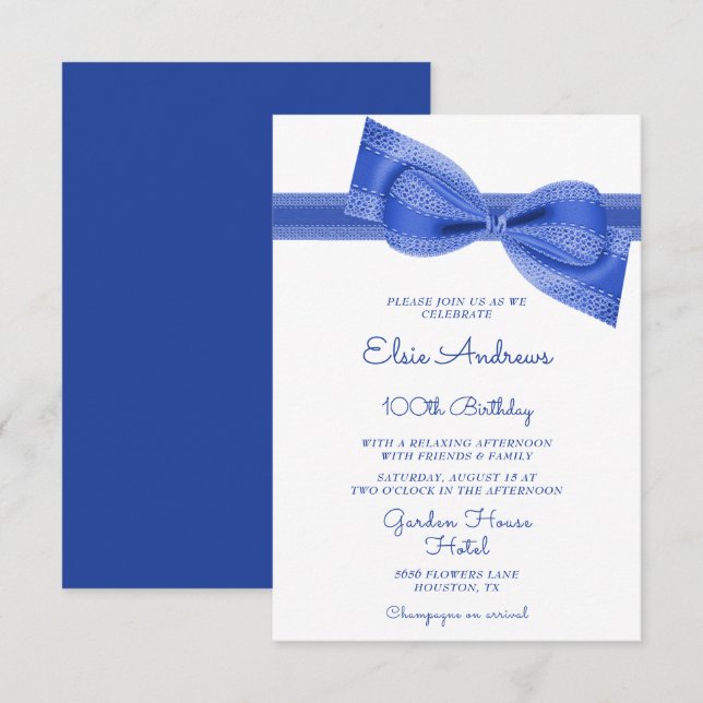 Invitation 100e anniversaire du Centenaire Bleu Bow & Ribbon (Devant / Derrière)