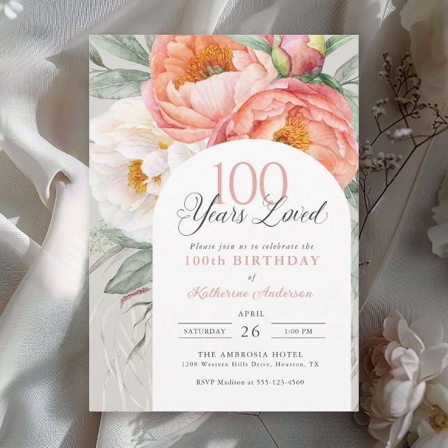 Invitation 100e anniversaire Elégante florale féminine (Available in both printed and instant download digital formats.)