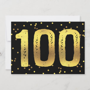 Invitation 100e Anniversaire Faux Gold Foil Confetti Noir