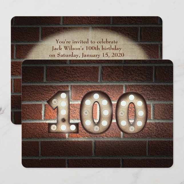 Invitation 100e anniversaire Fête-marquee lumières sur brique (Devant / Derrière)