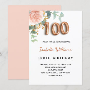 Invitation 100e anniversaire fleuri rose d'or eucalyptus feui