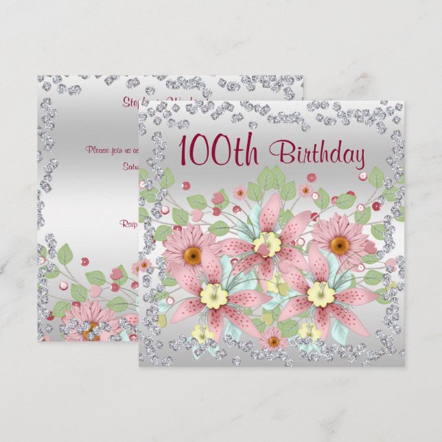 Invitation 100e anniversaire Floral Display & Diamonds (Devant / Derrière)