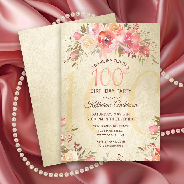 Invitation 100e anniversaire Floral Rose Gold Shimmer Party (Elegant 100th Birthday Party Invitation with Pink Roses on a gold shimmer background.)