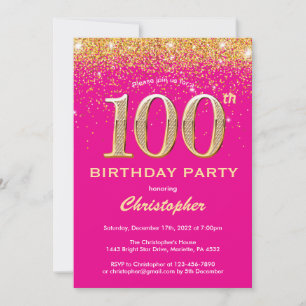 Invitation 100e anniversaire Hot rose et Parties scintillant 