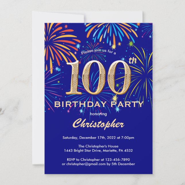 Invitation 100e anniversaire Marine Blu et Gold Rainbow Firew (Devant)