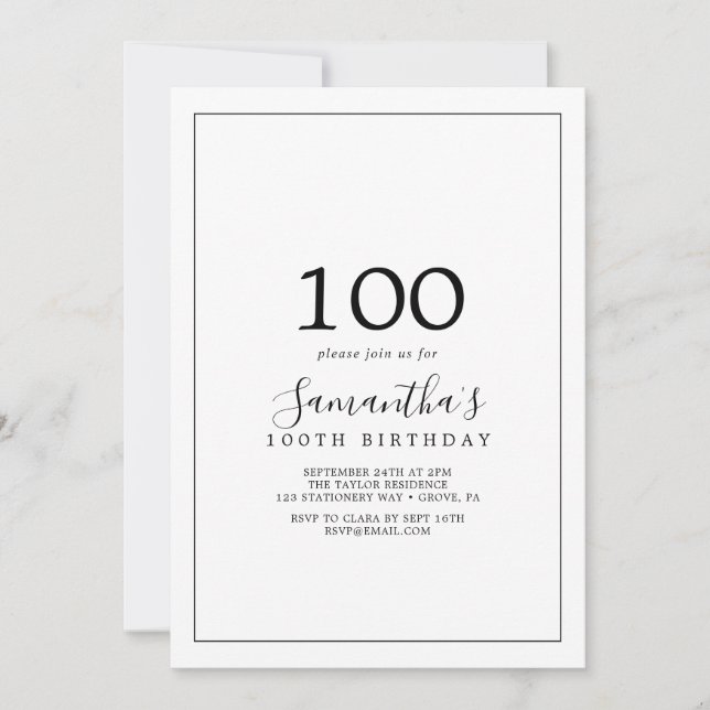 Invitation 100e anniversaire minimaliste (Devant)